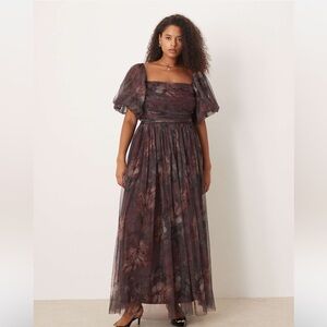 Lace & Beads Plus puff sleeve tulle maxi dress in plum floral